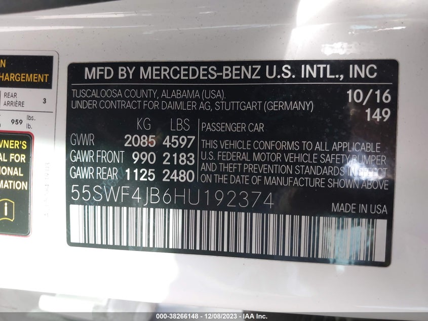 VIN 55SWF4JB6HU192374 2017 MERCEDES-BENZ C 300 LUXURY/SPORT