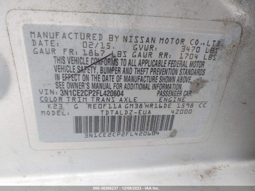 2015 NISSAN VERSA NOTE S (SR)/S PLUS/SL/SR/SV - 3N1CE2CP2FL420604
