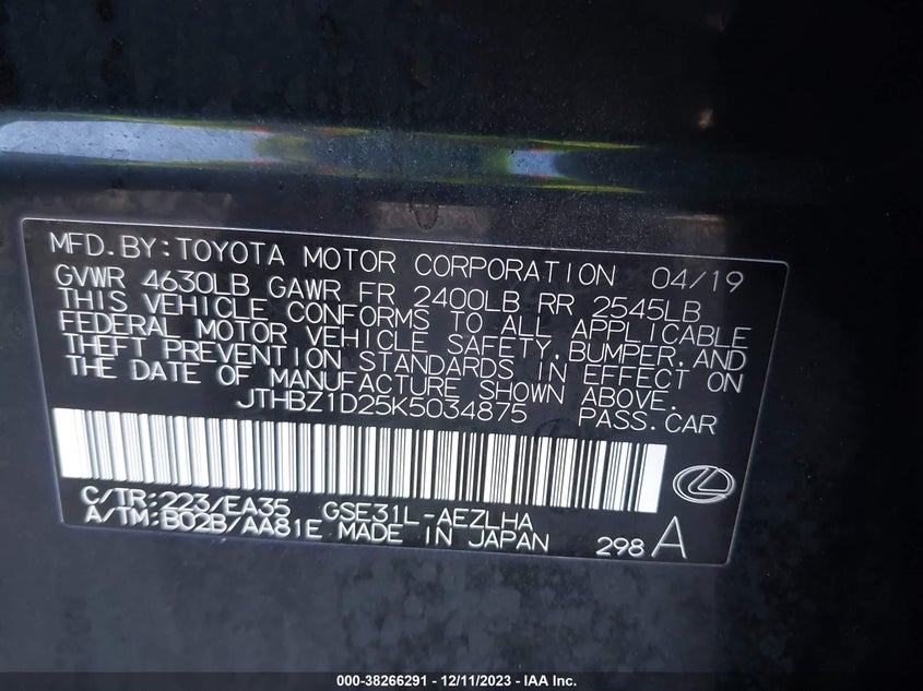 VIN JTHBZ1D25K5034875 2019 LEXUS IS 350