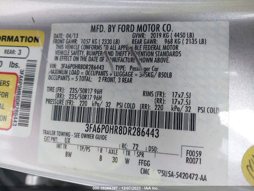 2013 FORD FUSION SE - 3FA6P0HR8DR286443