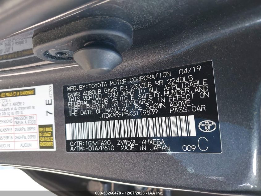 2019 TOYOTA PRIUS PRIME PLUS - JTDKARFP5K3119839