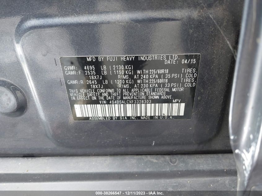 2015 SUBARU OUTBACK 2.5I LIMITED - 4S4BSALCXF3328303