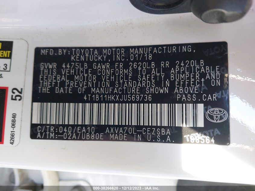 2018 TOYOTA CAMRY SE - 4T1B11HKXJU569736
