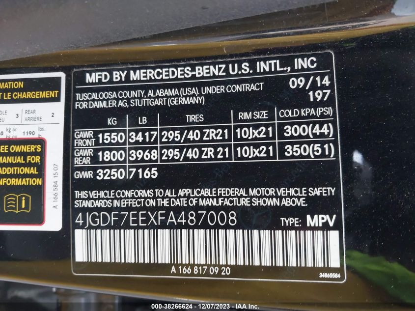 2015 MERCEDES-BENZ GL 63 AMG 4JGDF7EEXFA487008