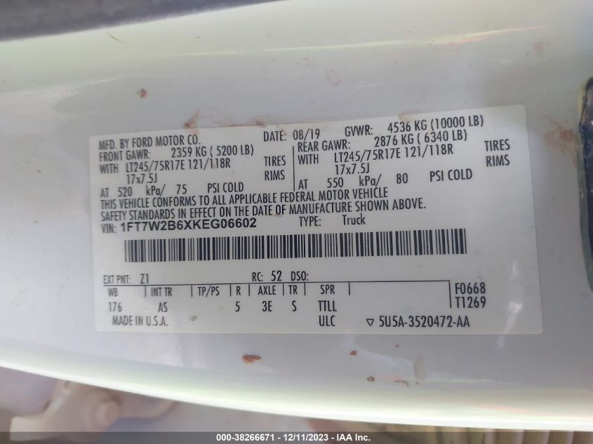 2019 FORD F-250 XL - 1FT7W2B6XKEG06602