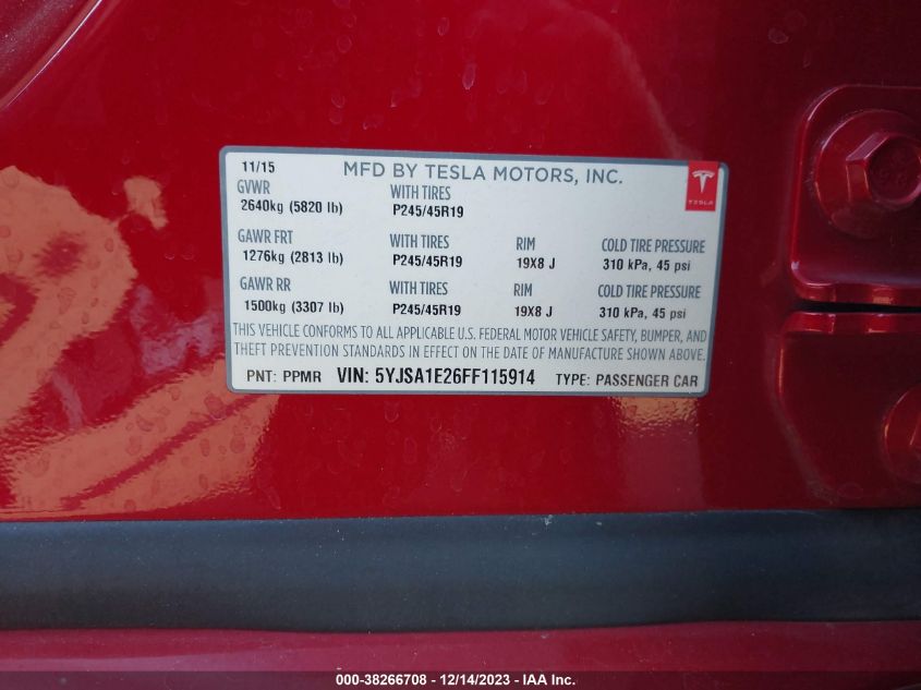 2015 TESLA MODEL S - 5YJSA1E26FF115914