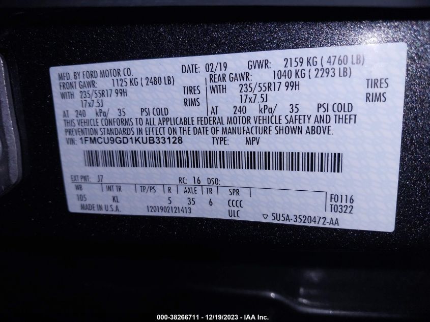 1FMCU9GD1KUB33128 2019 FORD ESCAPE, photo no. 9