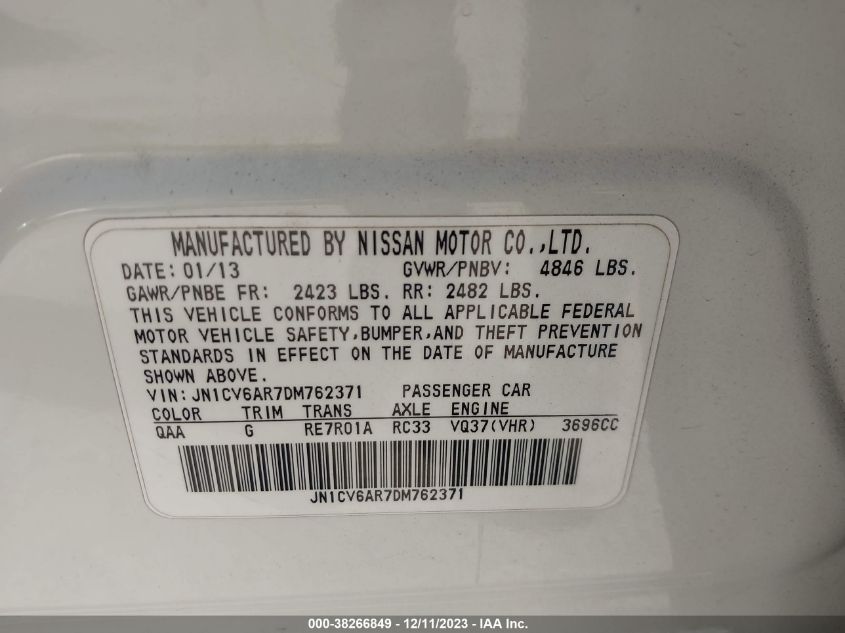 2013 INFINITI G37X JN1CV6AR7DM762371