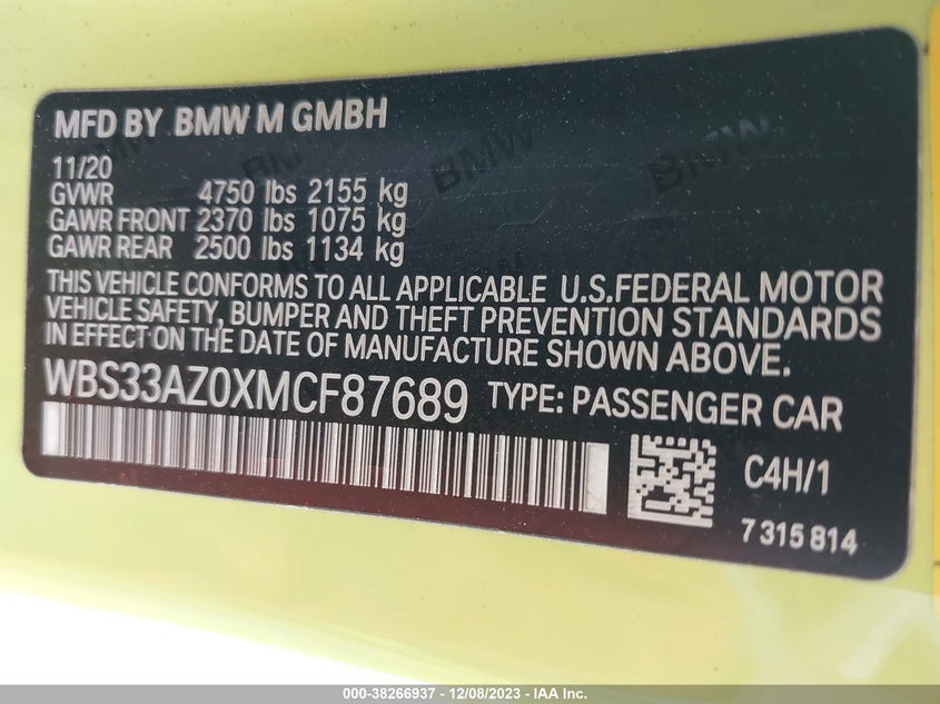 VIN WBS33AZ0XMCF87689 2021 BMW M4 COMPETITION