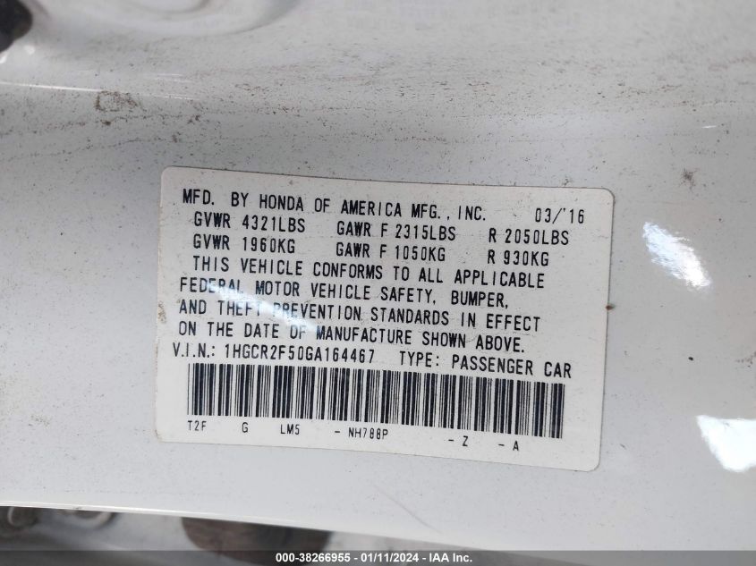 2016 HONDA ACCORD SPORT - 1HGCR2F50GA164467