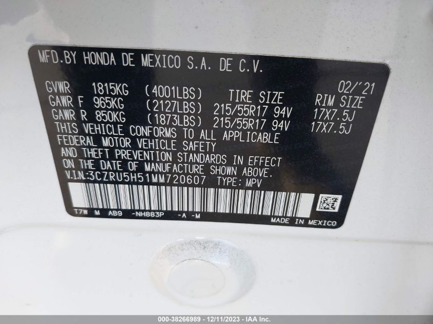 2021 HONDA HR-V EX - 3CZRU5H51MM720607