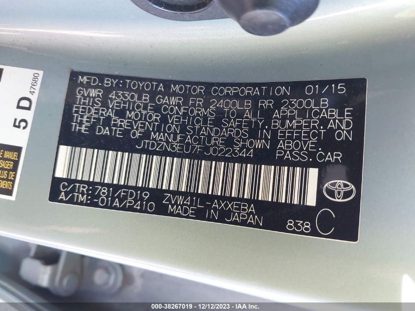 2015 TOYOTA PRIUS V THREE - JTDZN3EU7FJ022344