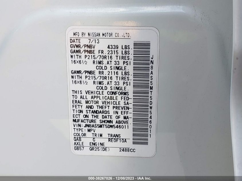2013 NISSAN ROGUE S/SV - JN8AS5MT5DW546011