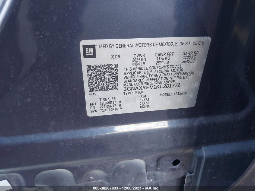 2019 CHEVROLET EQUINOX LT - 3GNAXKEV1KL281772