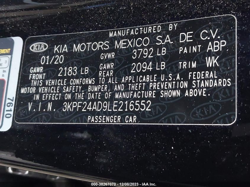 2020 KIA FORTE FE/LXS - 3KPF24AD9LE216552