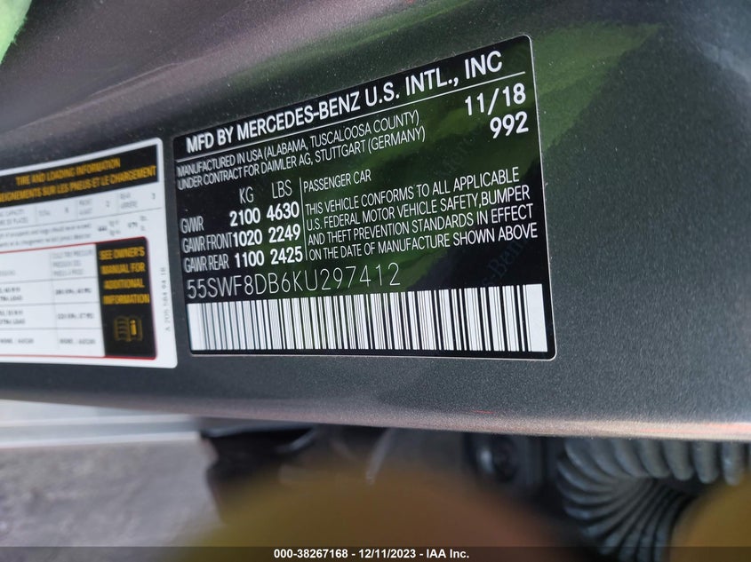 VIN 55SWF8DB6KU297412 2019 MERCEDES-BENZ C 300 300