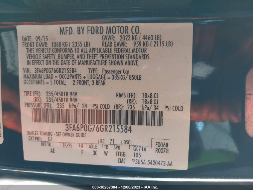 2016 FORD FUSION S - 3FA6P0G76GR215584