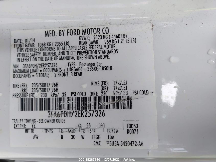 2014 FORD FUSION SE - 3FA6P0H72ER257326