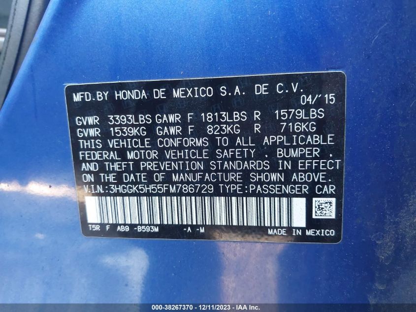 2015 HONDA FIT LX - 3HGGK5H55FM786729