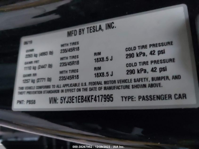 2019 TESLA MODEL 3 LONG RANGE/PERFORMANCE - 5YJ3E1EB4KF417995