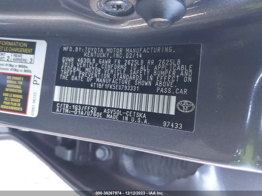 2014 TOYOTA CAMRY L/LE/XLE/SE/SE SPORT - 4T1BF1FK5EU793331