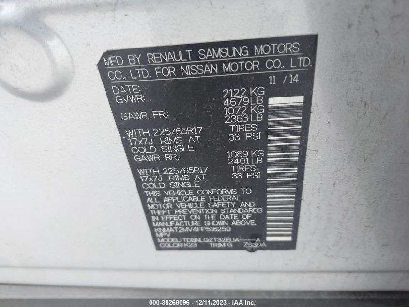 2015 NISSAN ROGUE SV - KNMAT2MV4FP516259