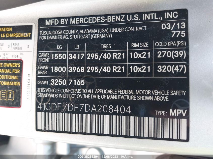 2013 MERCEDES-BENZ GL 550 4MATIC 4JGDF7DE7DA208404