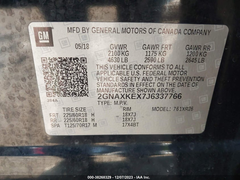 VIN 2GNAXKEX7J6337766 2018 CHEVROLET EQUINOX LT