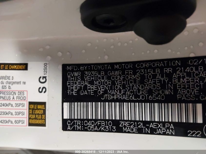 2020 TOYOTA COROLLA LE - JTDHPRAE6LJ016540