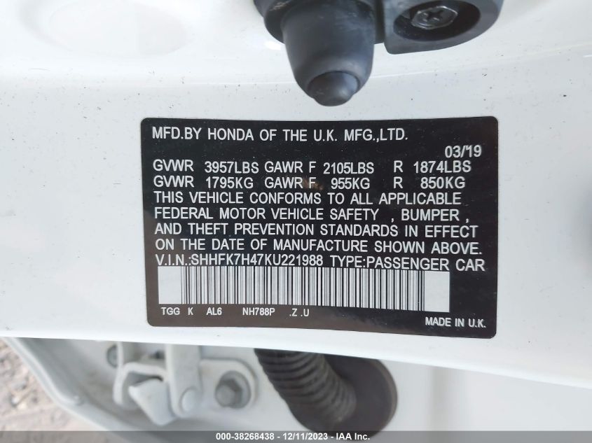 2019 HONDA CIVIC - 0HHSK7H47KU221988