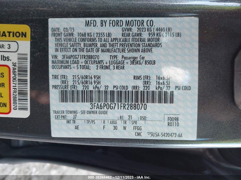 2015 FORD FUSION S - 3FA6P0G71FR288070