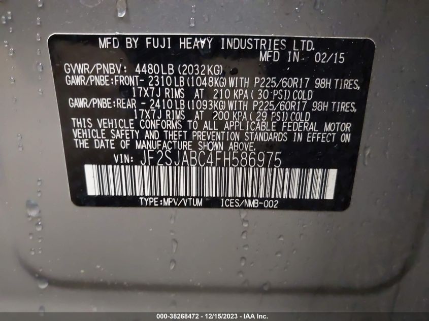 2015 SUBARU FORESTER 2.5I - JF2SJABC4FH586975