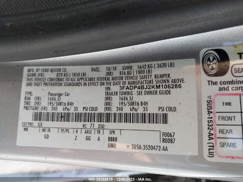 2019 FORD FIESTA SE - 3FADP4BJ2KM106286