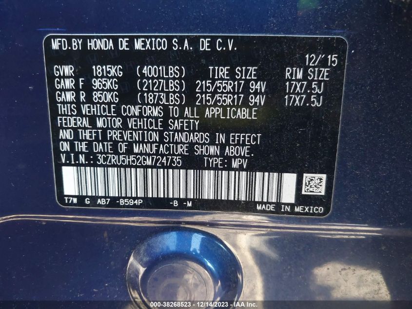 2016 HONDA HR-V EX - 3CZRU5H52GM724735