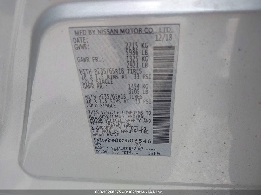 VIN 5N1DR2MN3KC603546 2019 NISSAN PATHFINDER SL