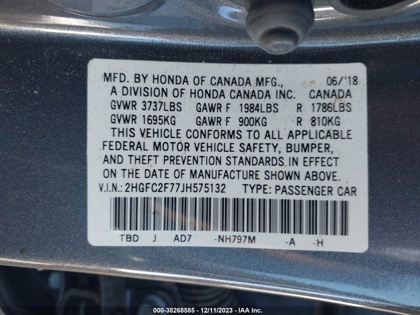VIN 2HGFC2F77JH575132 2018 HONDA CIVIC EX