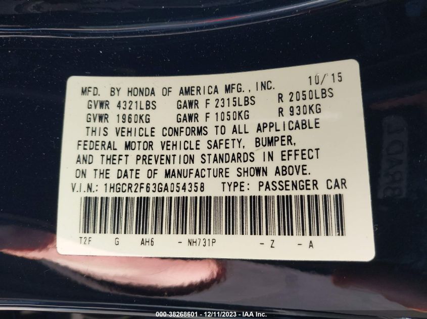 2016 HONDA ACCORD SPORT - 1HGCR2F63GA054358
