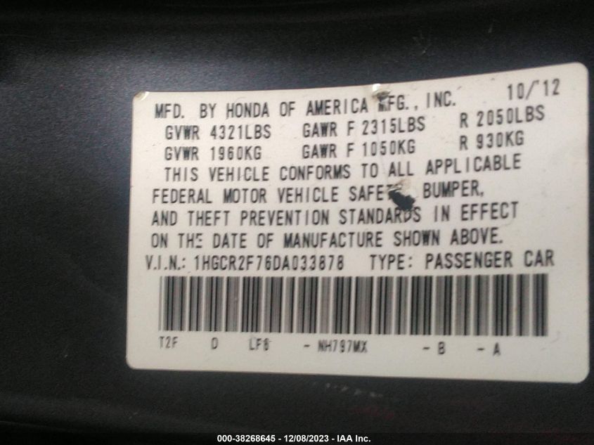 2013 HONDA ACCORD SDN EX 1HGCR2F76DA033878