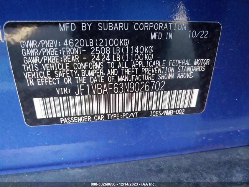 2022 SUBARU WRX PREMIUM - JF1VBAF63N9026702