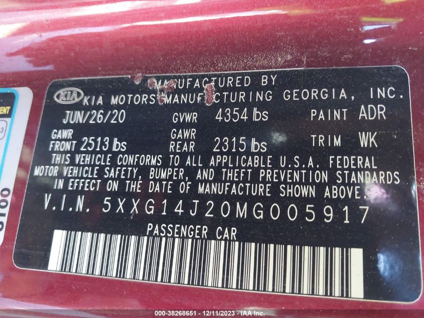 2021 KIA K5 LXS - 5XXG14J20MG005917