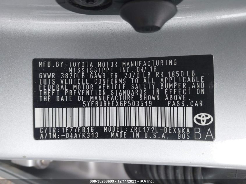 2016 TOYOTA COROLLA LE - 5YFBURHEXGP503519