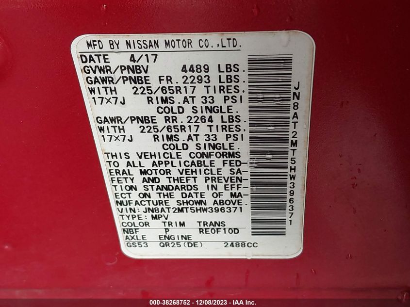 2017 NISSAN ROGUE SV - JN8AT2MT5HW396371