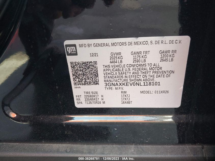 2022 CHEVROLET EQUINOX FWD LT - 3GNAXKEV0NL118101