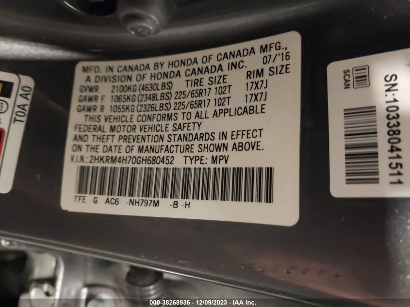 2016 HONDA CR-V EX-L - 2HKRM4H70GH680452