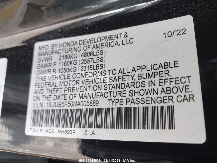 2022 ACURA TLX A-SPEC PACKAGE - 19UUB5F50NA005889