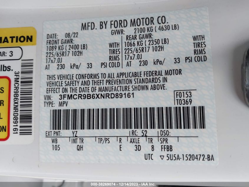 2022 FORD BRONCO SPORT BIG BEND - 3FMCR9B6XNRD89161