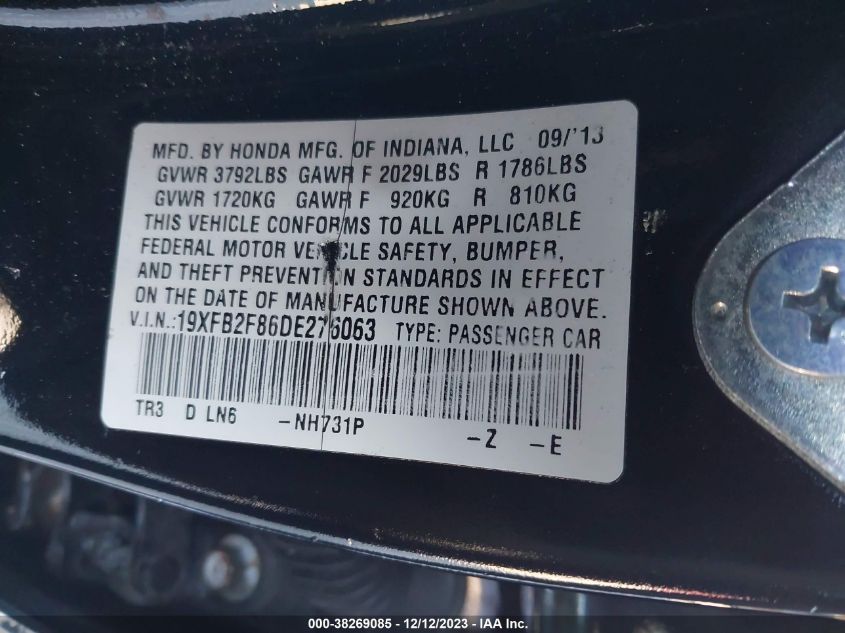 2013 HONDA CIVIC EX - 19XFB2F86DE276063