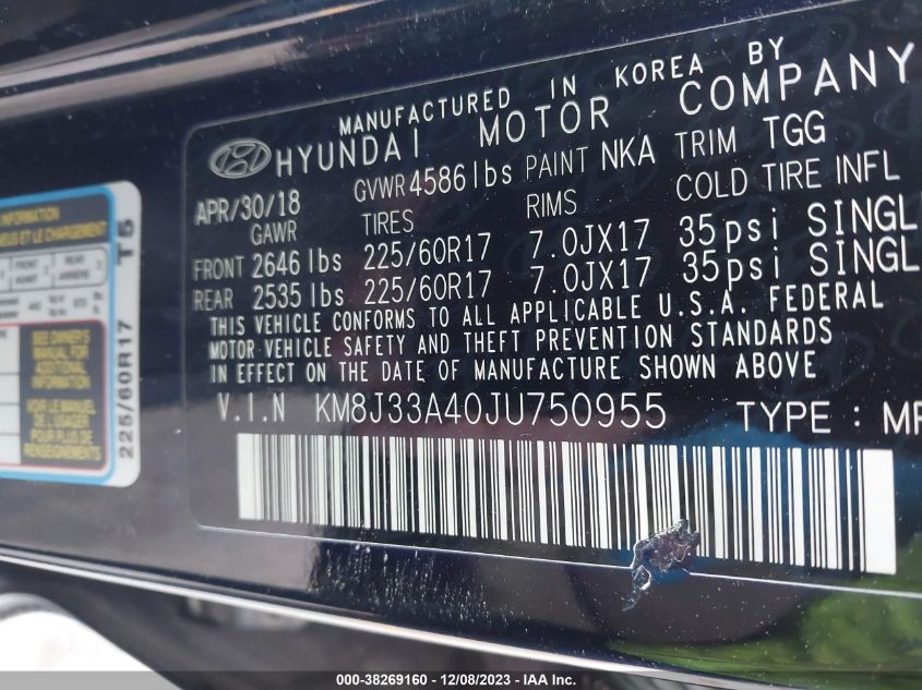 2018 HYUNDAI TUCSON LIMITED/SPORT AND ECO/SE - KM8J33A40JU750955