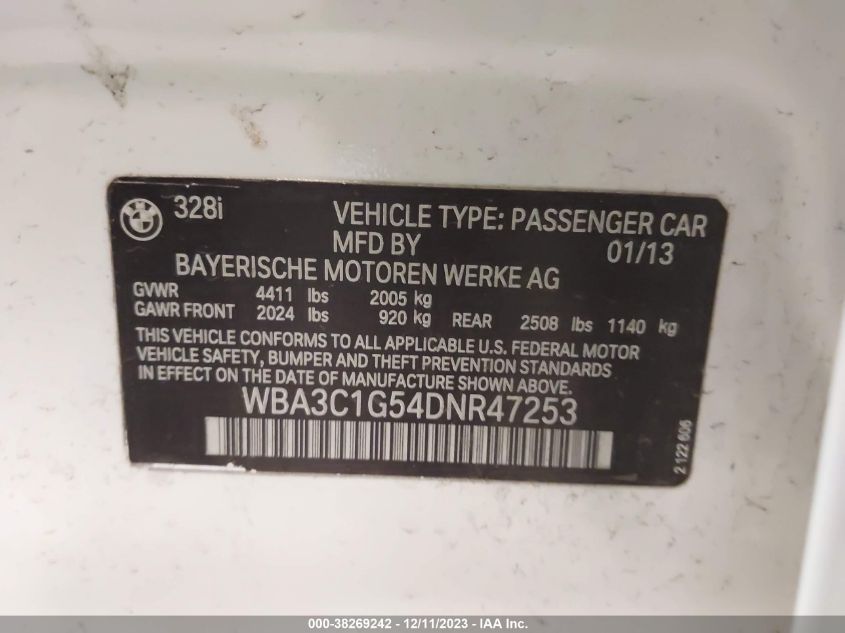 2013 BMW 3 SERIES 328I - WBA3C1G54DNR47253