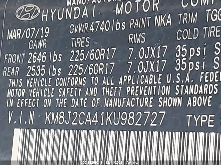 2019 HYUNDAI TUCSON SE - KM8J2CA41KU982727